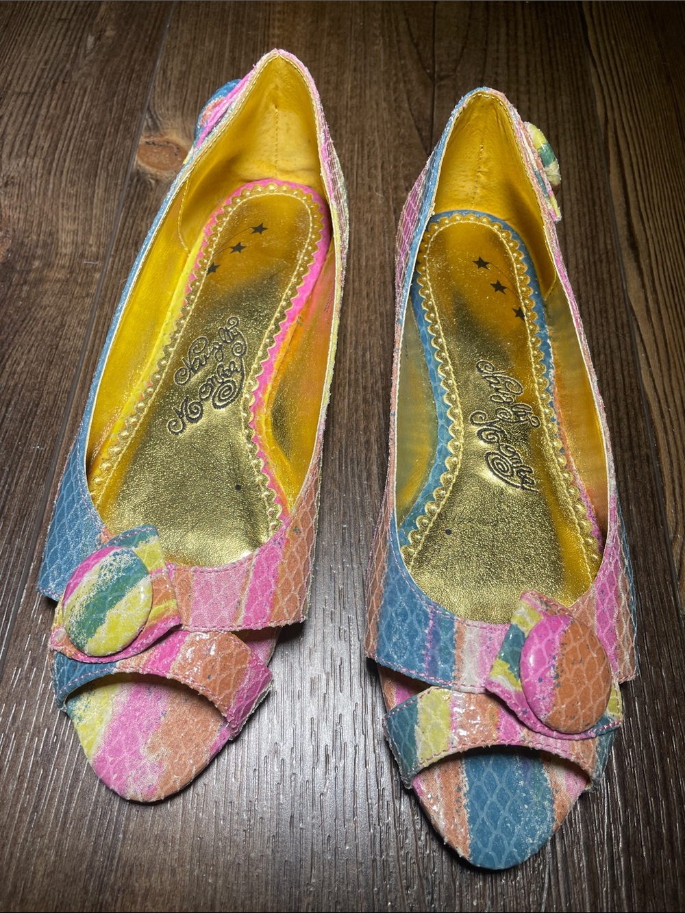 Naughty Monkey Pastel Rainbow Snake Print Leather Peep Toe Flats Sz 7.5